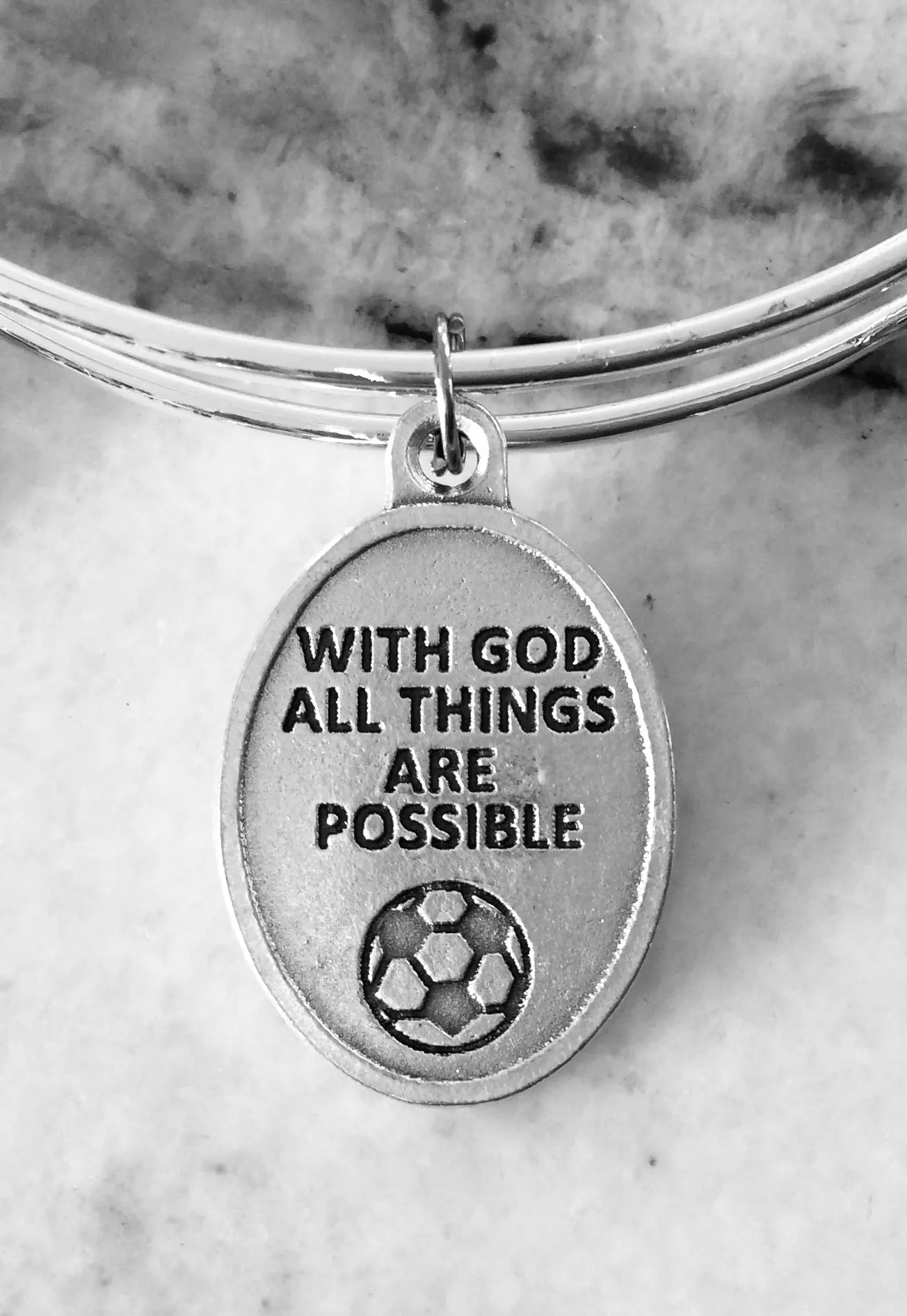 Saint Sebastian Patron Saint of Sports Soccer Jewelry Adjustable Bracelet Silver Expandable Charm Bangle Soccer Ball Cleat One Size Fits All Inspirational Gift Soccer Girl