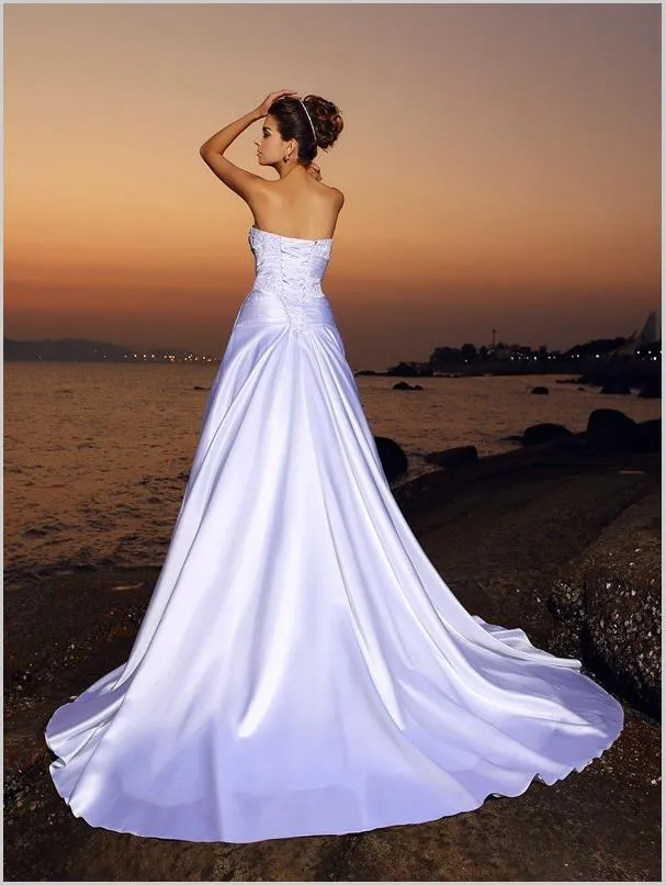 Satin Strapless Beading Sleeveless Wedding Dresses Ball Gown