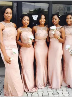 Scoop Applique Sleeveless Satin Bridesmaid Dresses For Floor Length