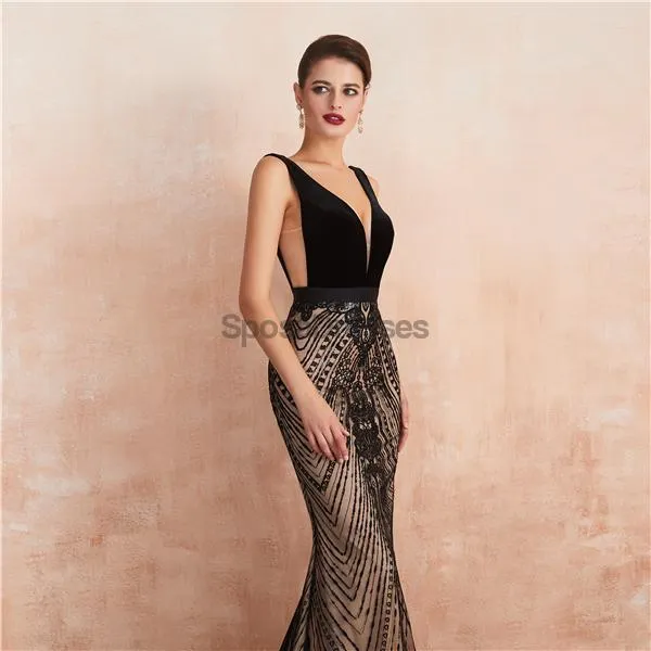 Sexy Backless V Neck Black Evening Prom Dresses, Evening Party Prom Dresses, 12132