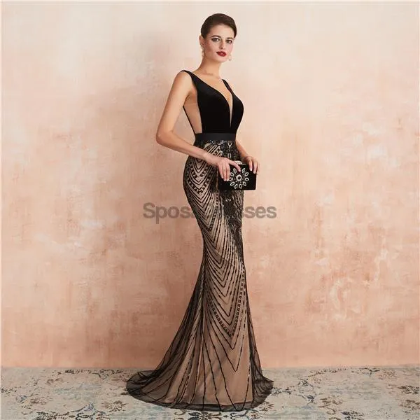 Sexy Backless V Neck Black Evening Prom Dresses, Evening Party Prom Dresses, 12132