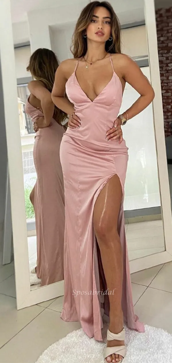 Sexy Pink Spaghetti Straps Open Back V-neck Mermaid Side-slit Long Prom Dress, PD3504