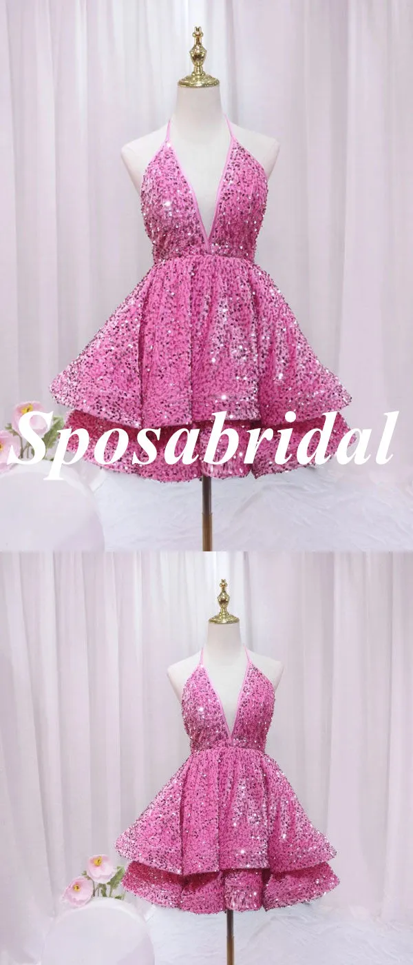 Sexy Sequin Halter Deep V-Neck A-Line Mini Dresses/ Homecoming Dresses, PD3584