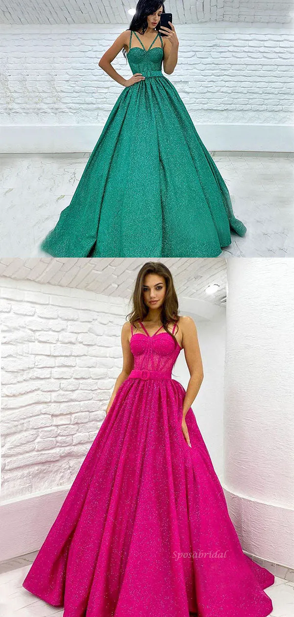 Sexy Sparkly Unique Straps A-line Turquoise And Fuschia Long Prom Dresses, PD3451