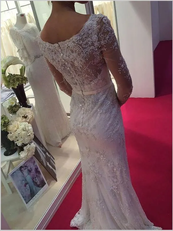 Sheath Lace Chiffon Wedding Dresses,Scoop Long Sleeves Train Wedding Dresses