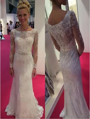 Sheath Lace Chiffon Wedding Dresses,Scoop Long Sleeves Train Wedding Dresses