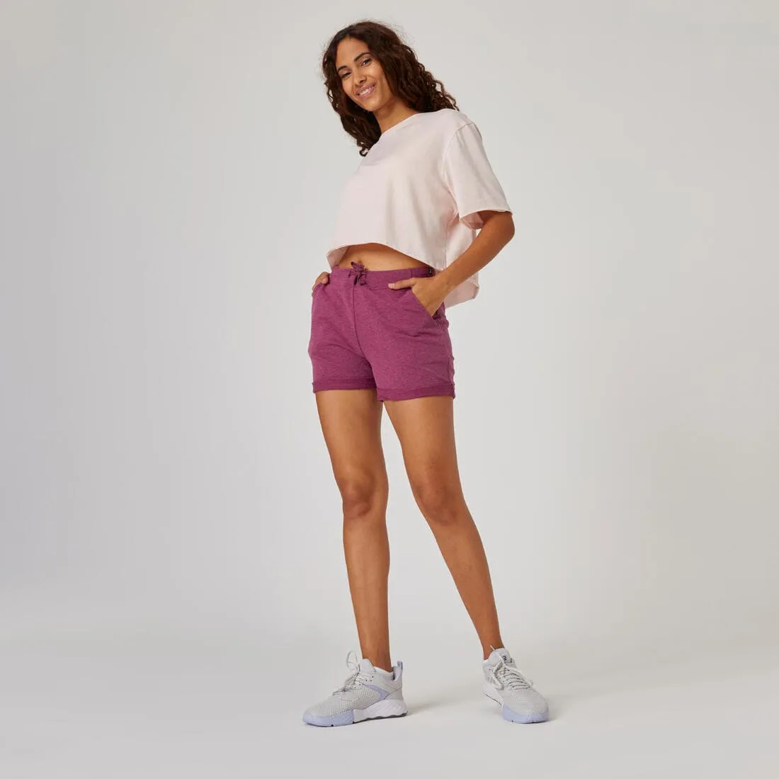 Short Fitness femme coton droit avec poche - gris chiné clair court