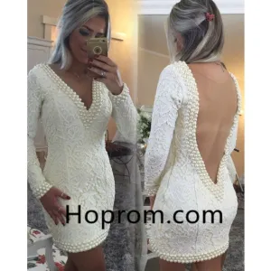 ShortLace Homecoming Dresses Long Sleeves Backless Cocktail Dresses