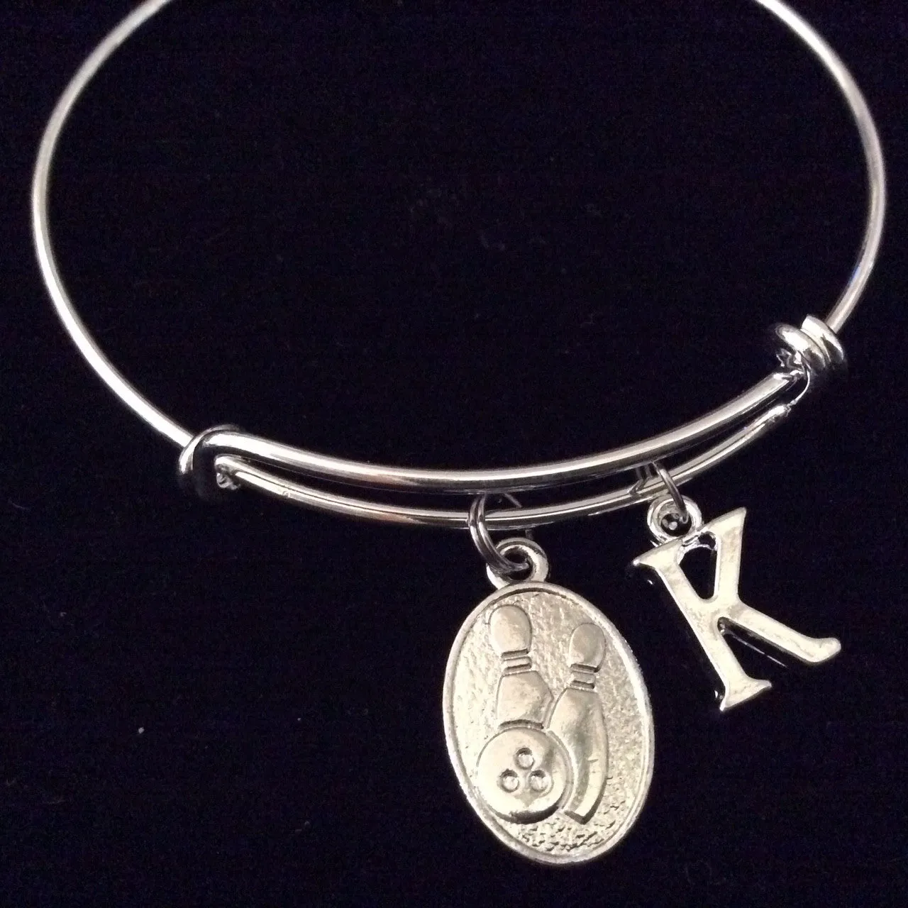 Silver Bowling Ball and Pins Initial Charm Silver Expandable Bracelet Adjustable Bangle Team Gift