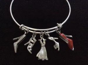 Silver Dress and Shoes I Love Shoes Expandable Bracelet Silver Plated Wire Adjustable Bangle Charm Fashionl Trendy Handmade Stacking