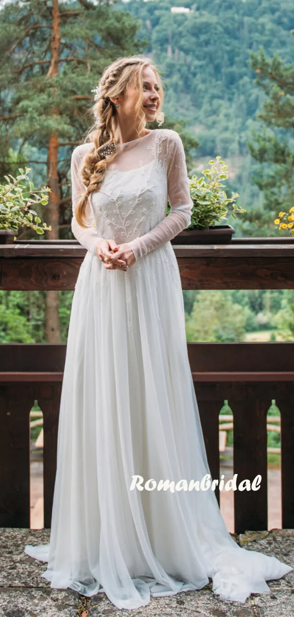 Simple A-line Chiffon Long Sleeve Cheap Long Wedding Dresses Online,RBWD0039