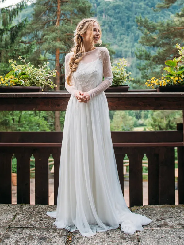 Simple A-line Chiffon Long Sleeve Cheap Long Wedding Dresses Online,RBWD0039
