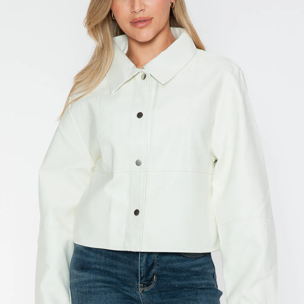 Snap Down Long Sleeve PU Leather Jacket
