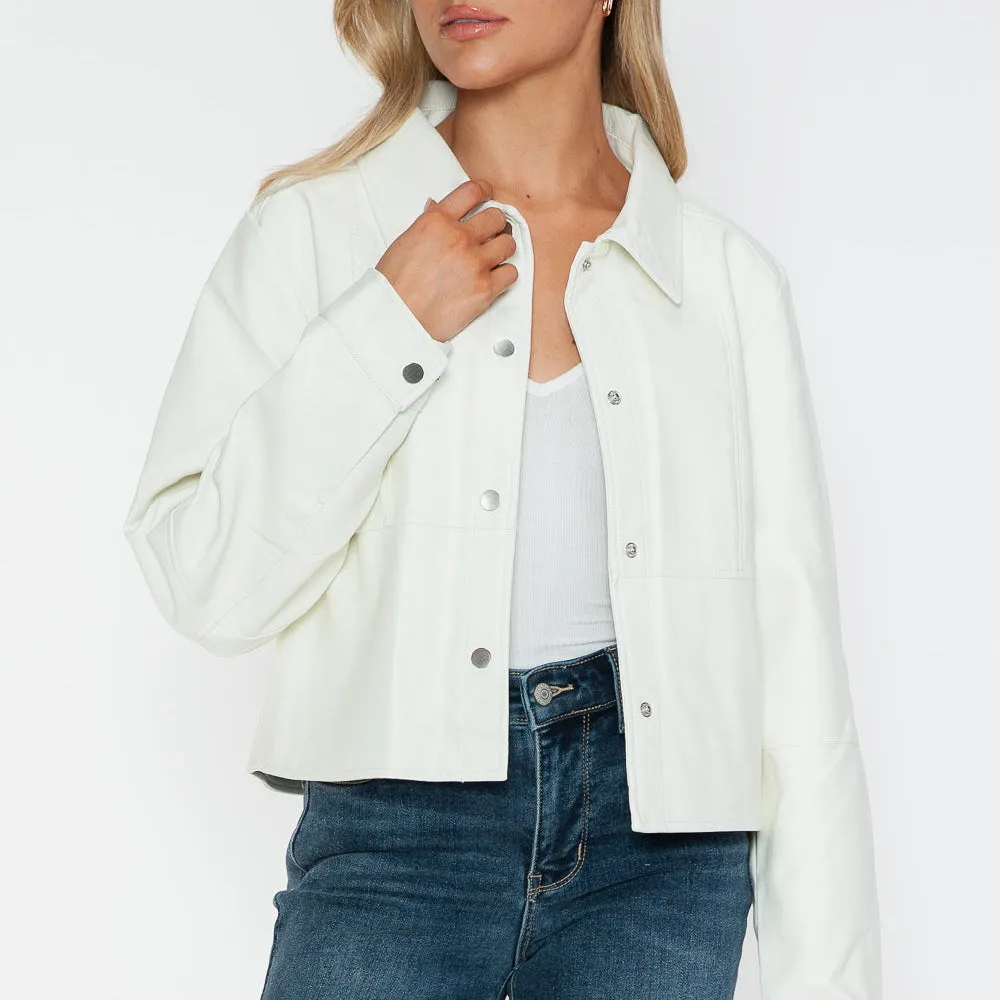 Snap Down Long Sleeve PU Leather Jacket