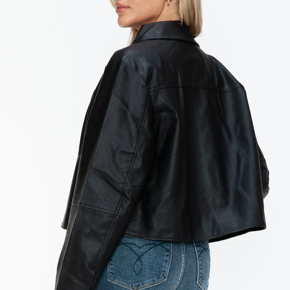 Snap Down Long Sleeve PU Leather Jacket