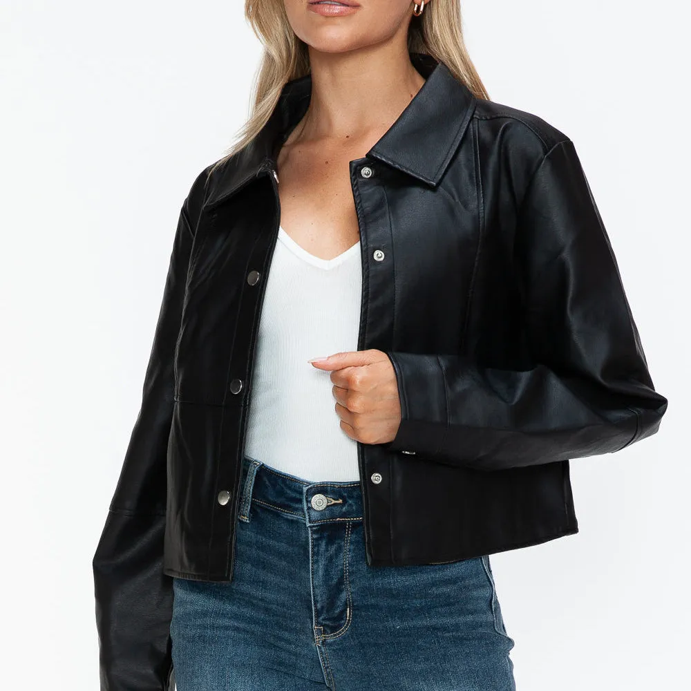 Snap Down Long Sleeve PU Leather Jacket