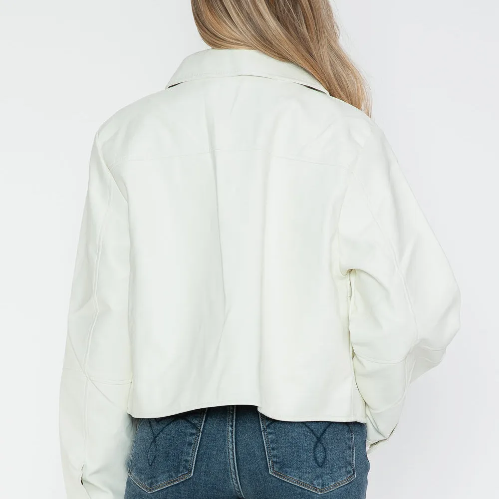 Snap Down Long Sleeve PU Leather Jacket