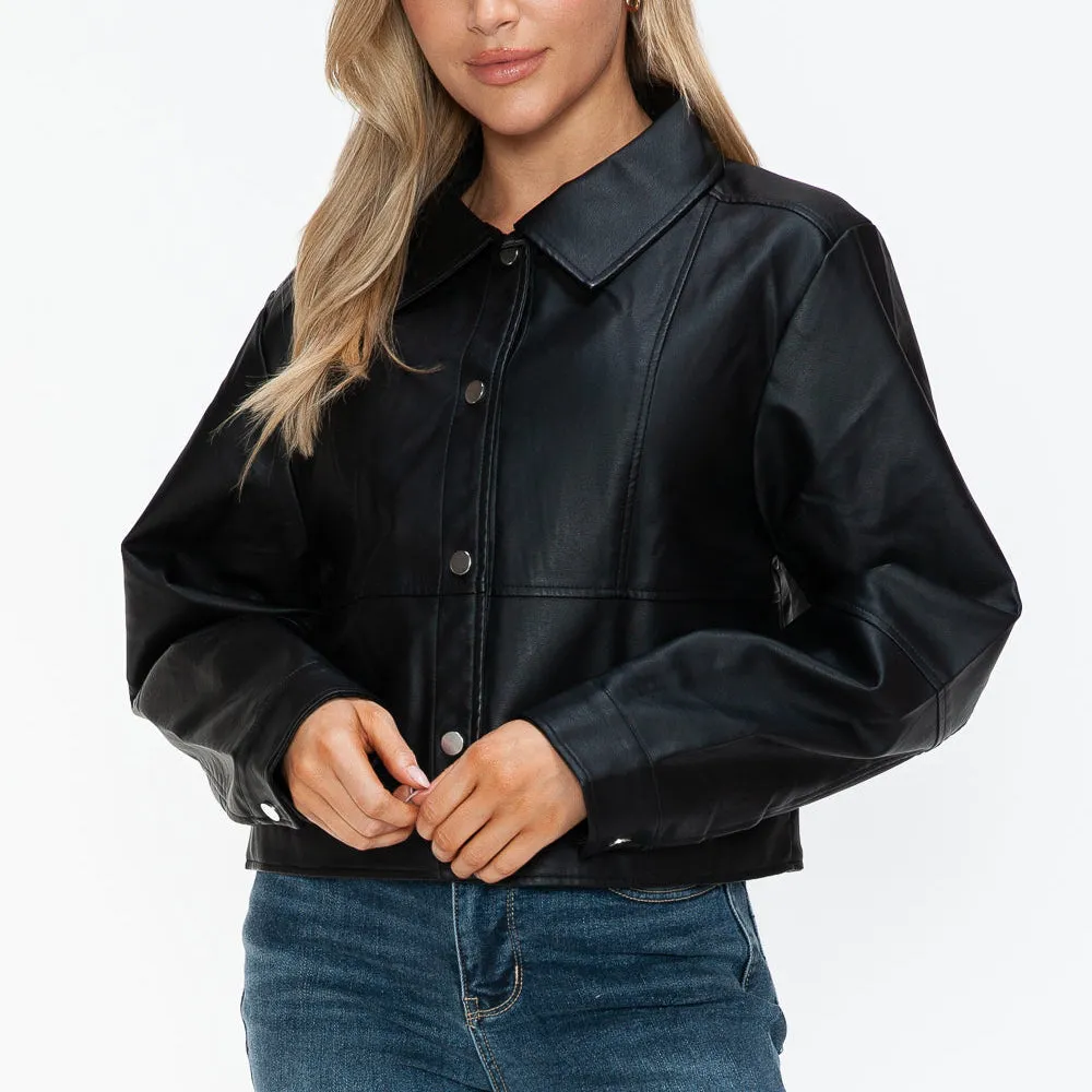Snap Down Long Sleeve PU Leather Jacket