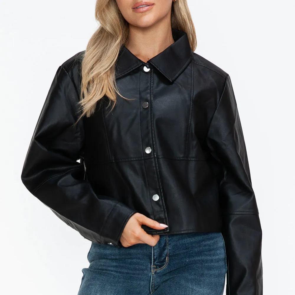 Snap Down Long Sleeve PU Leather Jacket