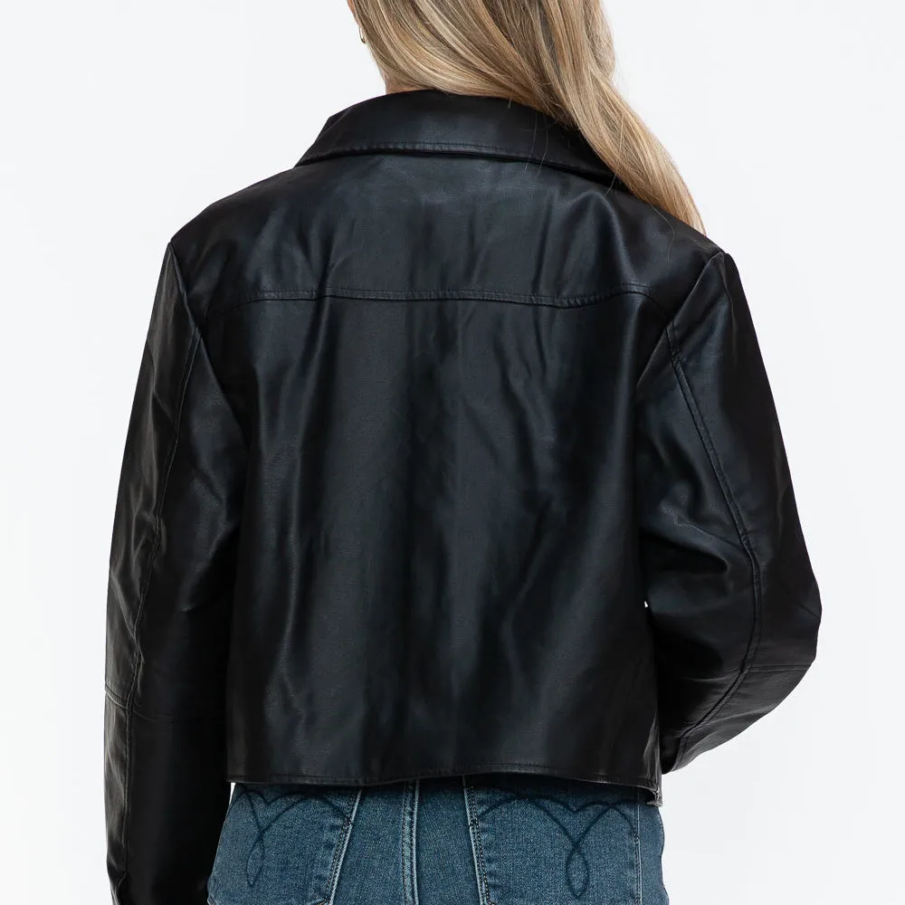 Snap Down Long Sleeve PU Leather Jacket
