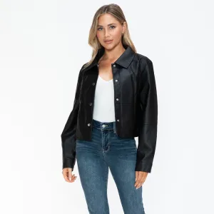 Snap Down Long Sleeve PU Leather Jacket