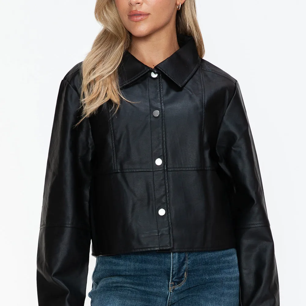 Snap Down Long Sleeve PU Leather Jacket