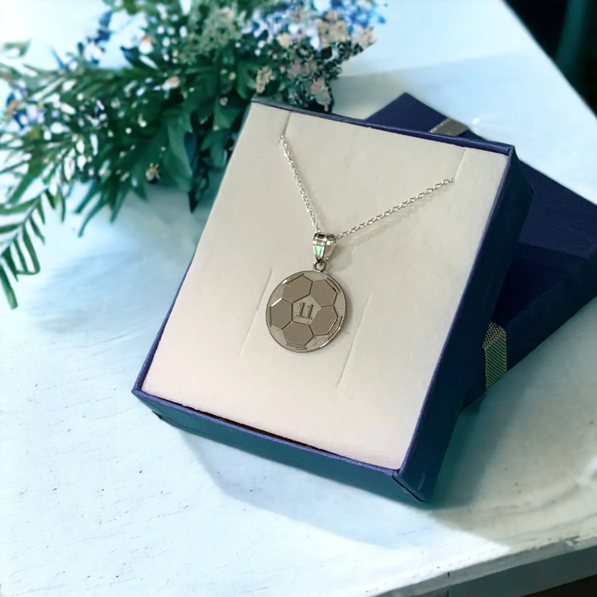 Soccer Ball with Number and Engraved Name Pendant - Sterling Silver or Solid Gold