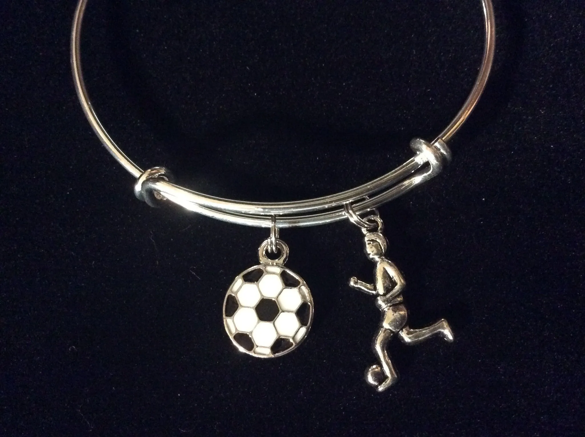Soccer Charm Bangle Girl Playing Soccer Charm Resin Soccer ball Charm Bangle Bracelet Adjustable One Size Fits All