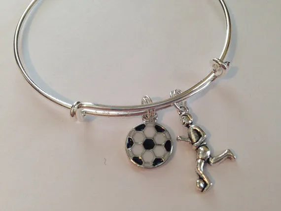 Soccer Charm Bangle Girl Playing Soccer Charm Resin Soccer ball Charm Bangle Bracelet Adjustable One Size Fits All