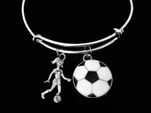 Soccer Player Jewelry Adjustable Charm Bracelet Expandable Silver Bangle One Size Fits All Gift Sports Soccer Ball