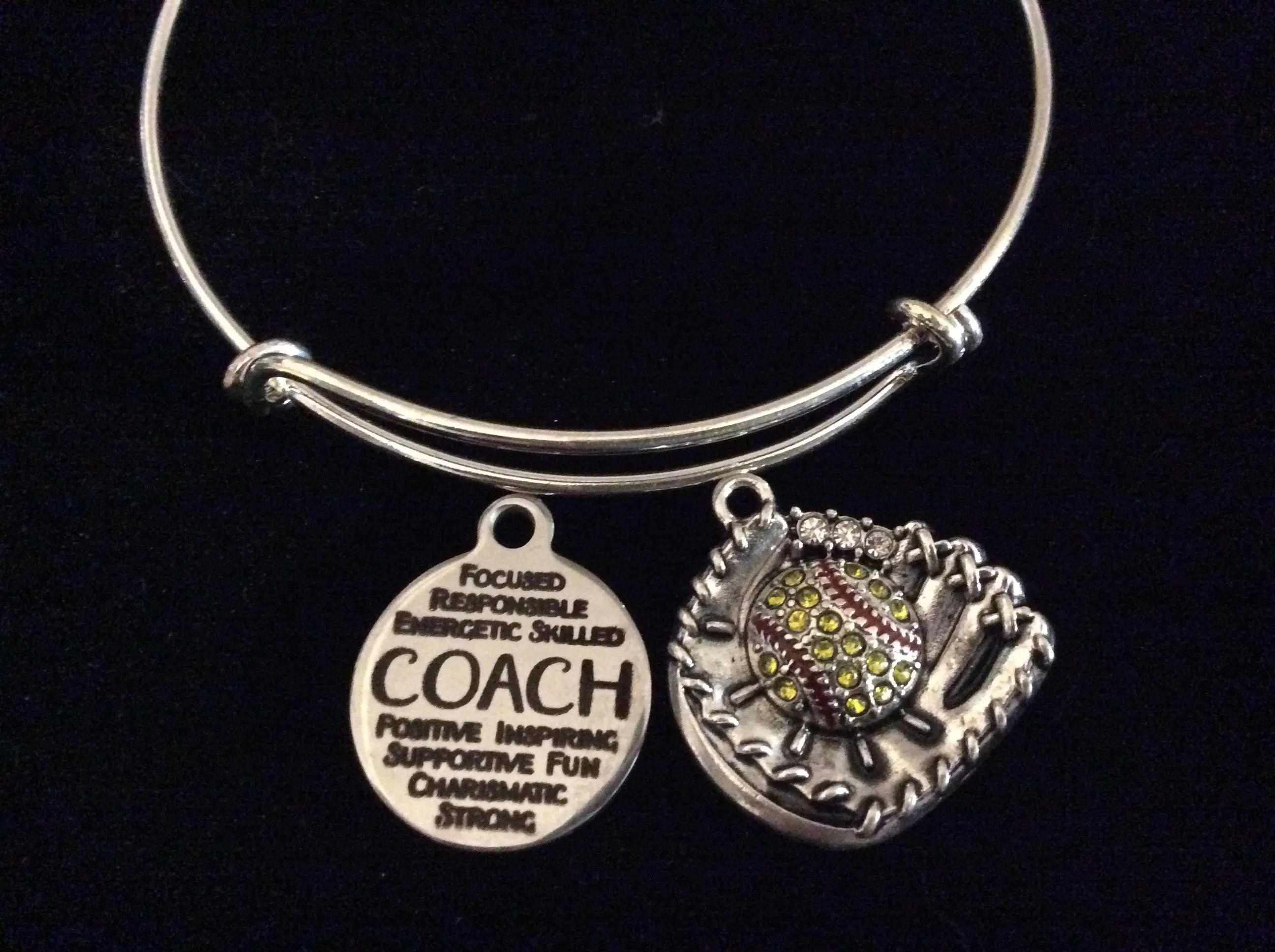 Softball Coach Gift Adjustable Charm Bracelet Silver Crystal Mitt Softball Expandable Bangle Bracelet Sports Team Gift