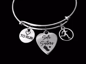 Sole Sisters Love to Run Jewelry Adjustable Charm Bracelet Runner Expandable Silver Wire Bangle One Size Fits All Gift Running Best Friend