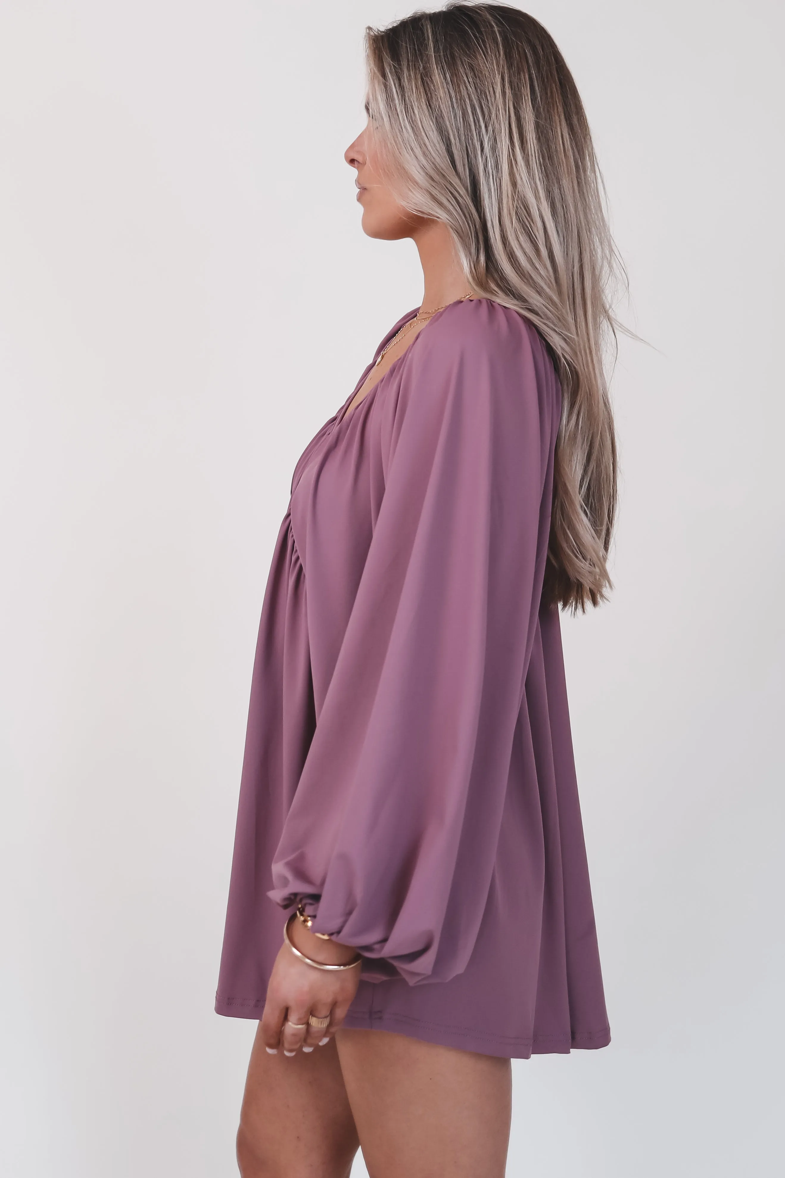 Something Extra Puff Sleeve Mauve V Plunge Dress