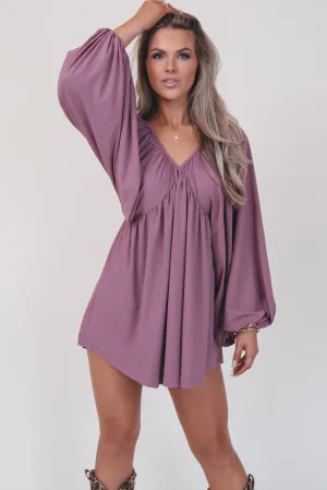 Something Extra Puff Sleeve Mauve V Plunge Dress