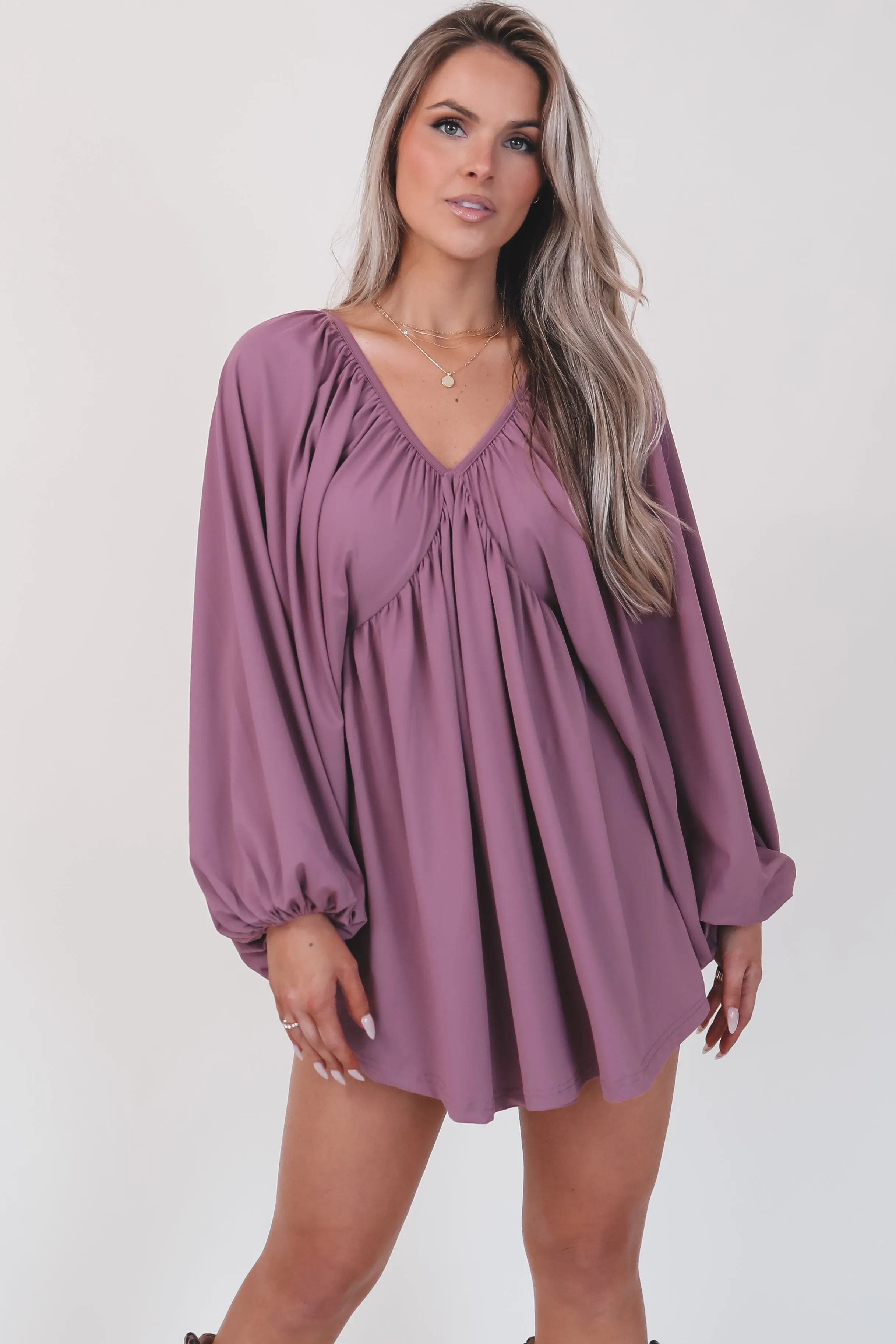 Something Extra Puff Sleeve Mauve V Plunge Dress