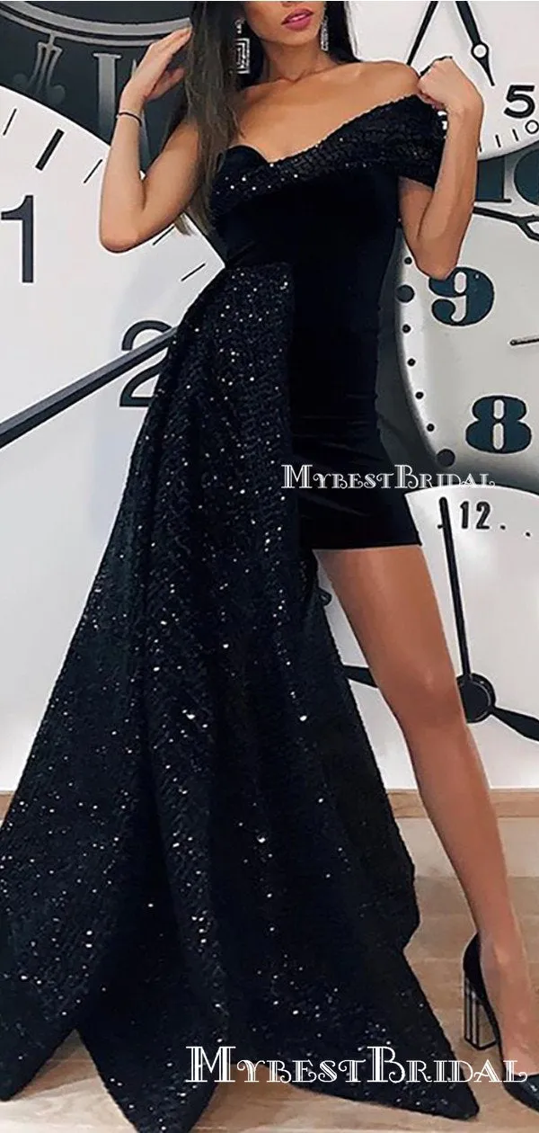 Sparkly Unique Deisgn One Shoulder Off-The-Shoulder Black Lace Long Cheap Evening Prom Dresses, PDS0003