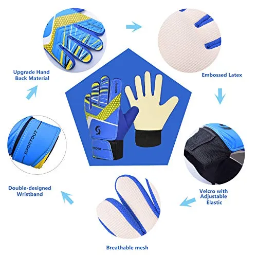 Sportout Kids Goalkeeper Gloves, Soccer Gloves with Double Wrist Protection and Non-Slip Wear Resistant Latex Material to Give Splendid Protection to Prevent Injuries (Blue, 7)