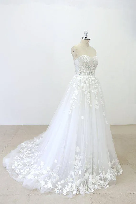 Strapless Lace See Through Beaded A-line Unique Wedding Dresses Online, WD391