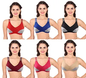 Style Stock Women's Cotton Gym Wear Daily Workout Sports Bra (Combo Color Maroon, Pink, Skin, Red, Blue, Black , Pack of 6 Size 32)