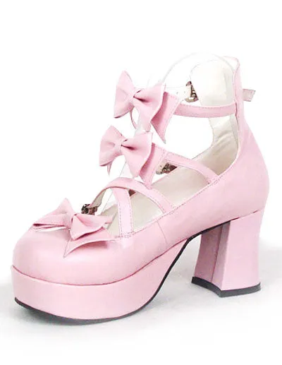 Sweet Chunky Heels Lolita Shoes Platform Bow Decor Round Toe