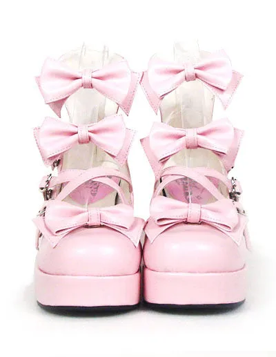 Sweet Chunky Heels Lolita Shoes Platform Bow Decor Round Toe