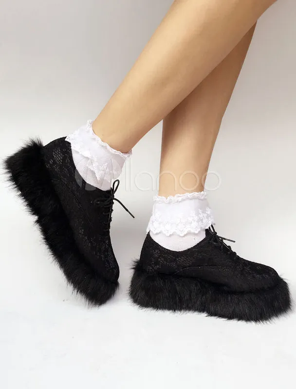 Sweet Lolita Shoes Black Lace Up Faux Fur Sole Lolita Pumps