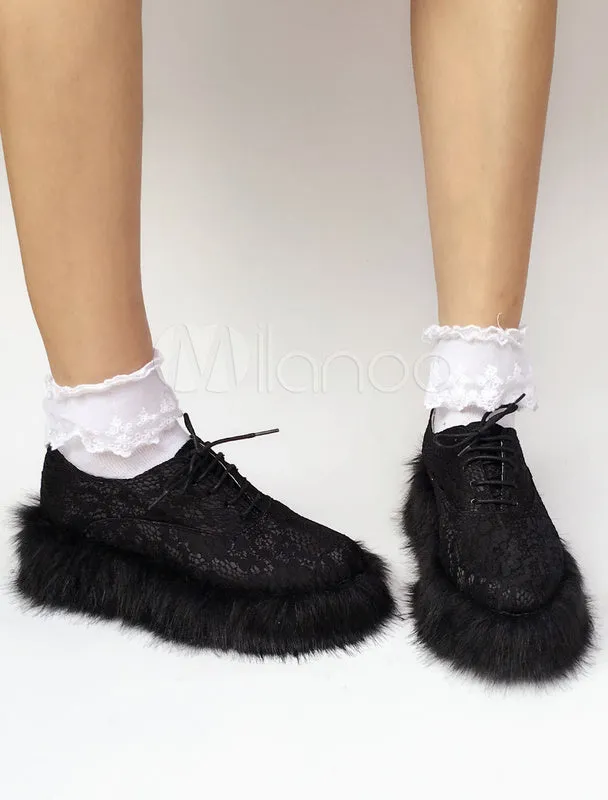 Sweet Lolita Shoes Black Lace Up Faux Fur Sole Lolita Pumps