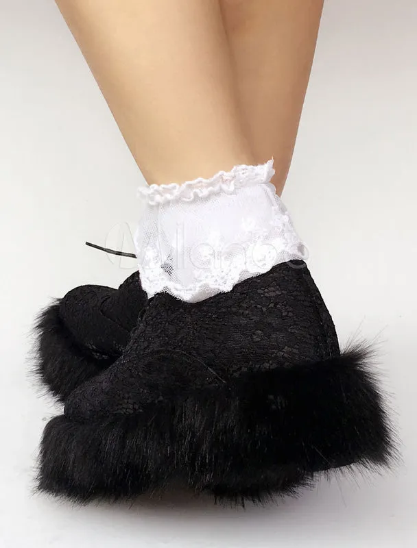Sweet Lolita Shoes Black Lace Up Faux Fur Sole Lolita Pumps