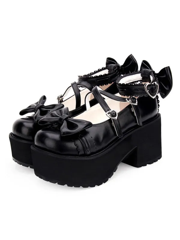 Sweet Lolita Shoes Bows PU Leather Platform Chunky Heel Lolita Pumps