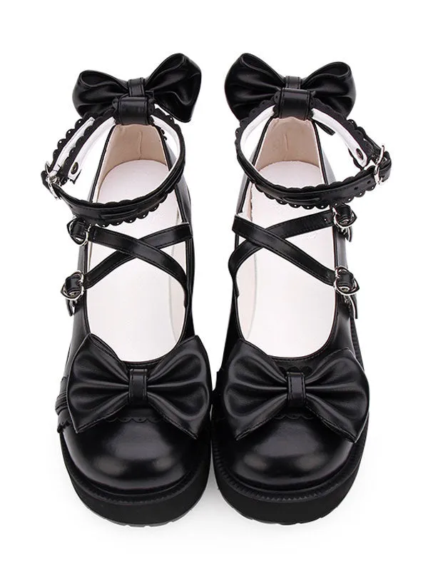 Sweet Lolita Shoes Bows PU Leather Platform Chunky Heel Lolita Pumps