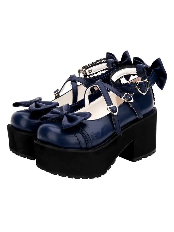 Sweet Lolita Shoes Bows PU Leather Platform Chunky Heel Lolita Pumps