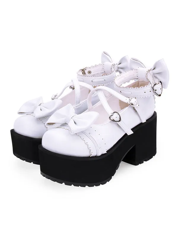 Sweet Lolita Shoes Bows PU Leather Platform Chunky Heel Lolita Pumps