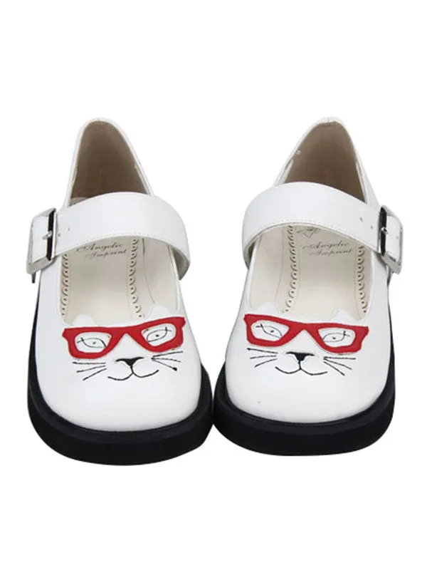 Sweet Lolita Shoes Cat Print Buckle Round Toe White Lolita Footwear