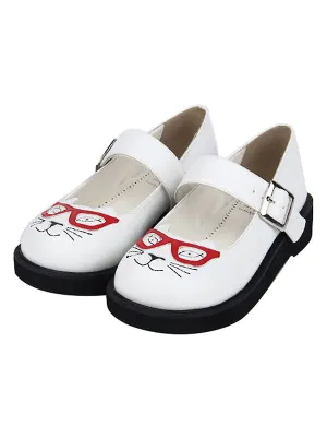 Sweet Lolita Shoes Cat Print Buckle Round Toe White Lolita Footwear